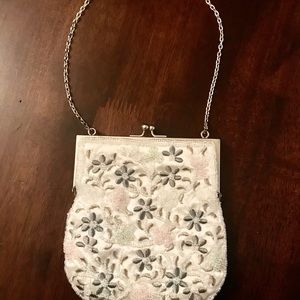 Vintage La Regale White, Pink & Gray Beaded Purse 17" Strap Spring Easter